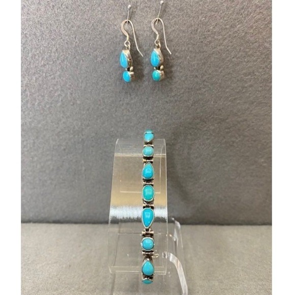 Jewelry - Vintage Silver & Turquoise Earrings & Bracelet Set 925 Sterling